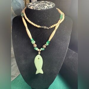 Tribal Green Stone Fish‎ Pendant Necklace with Wood Beads